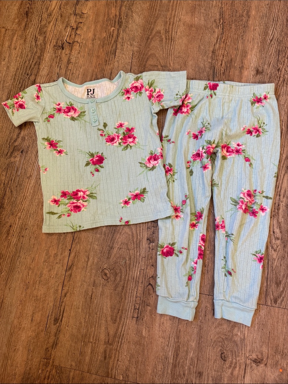 PJ Salvage Girls' Mint Floral Ribbed Henley Pajama Set - Short Sleeve